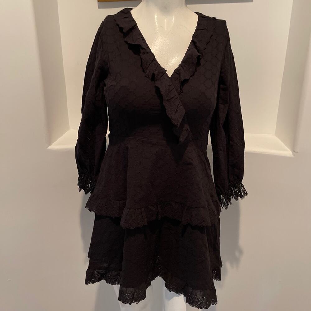 SHILLA THE LABEL Long Sleeve Cotton  Eyelet Black Mini Cocktail Party DressSz L